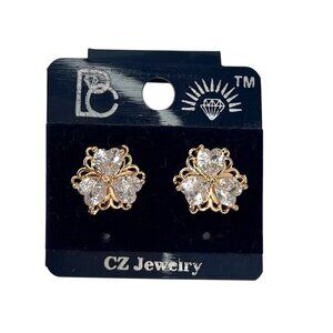 Elegant Flower Stud Earrings Heart Shape White Stones Gold-toned Fashion Jewelry